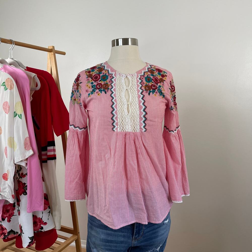 Zara • Embroidered Striped Peasant Blouse
